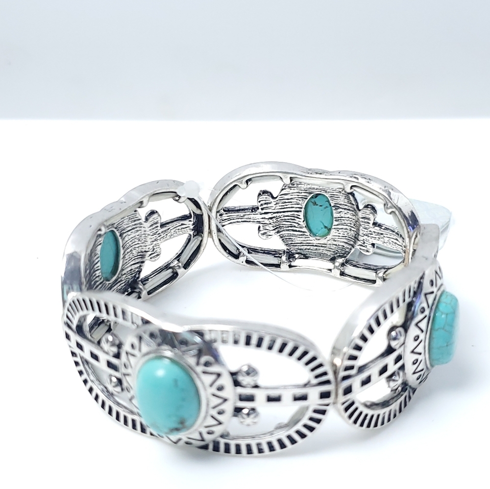Turquoise And Metal Stretchable Bracelet- Boho